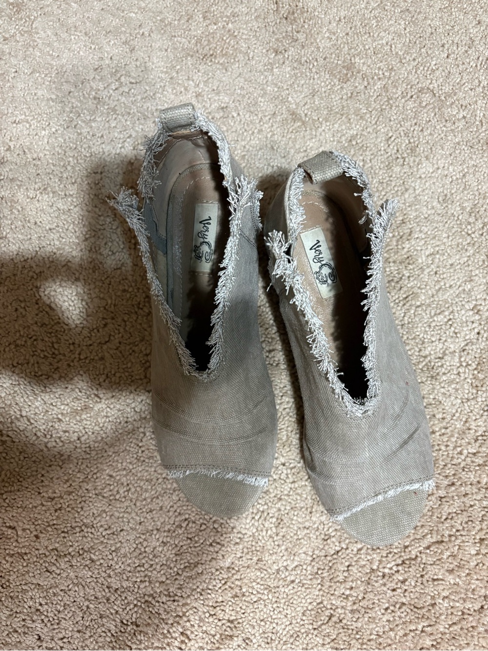 Very G Frayed Canvas Peep-Toe Ankle Booties in Taupe